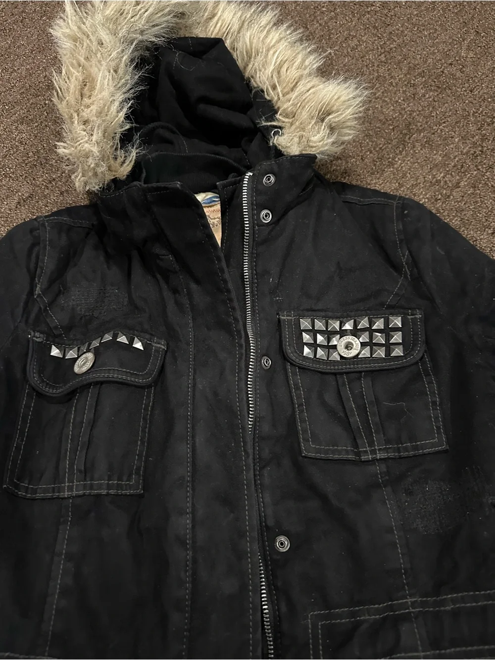 Guess Black Utility Parka with Faux-Fur Trim